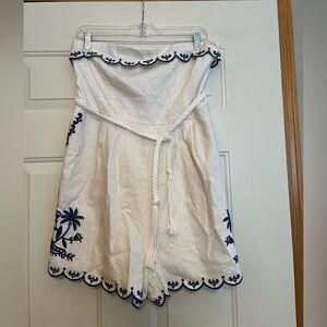 New Caroline Constas ivory blue linen strapless pockets lined romper. Medium